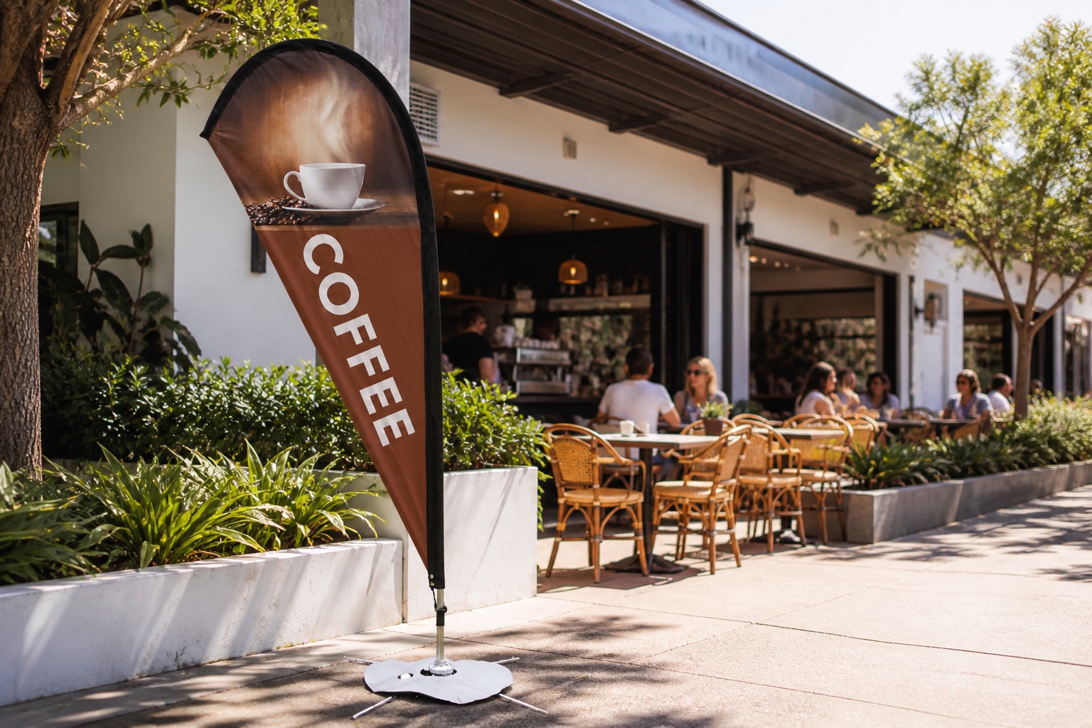 Brown Coffee teardrop flag welcoming customers to an Australian café