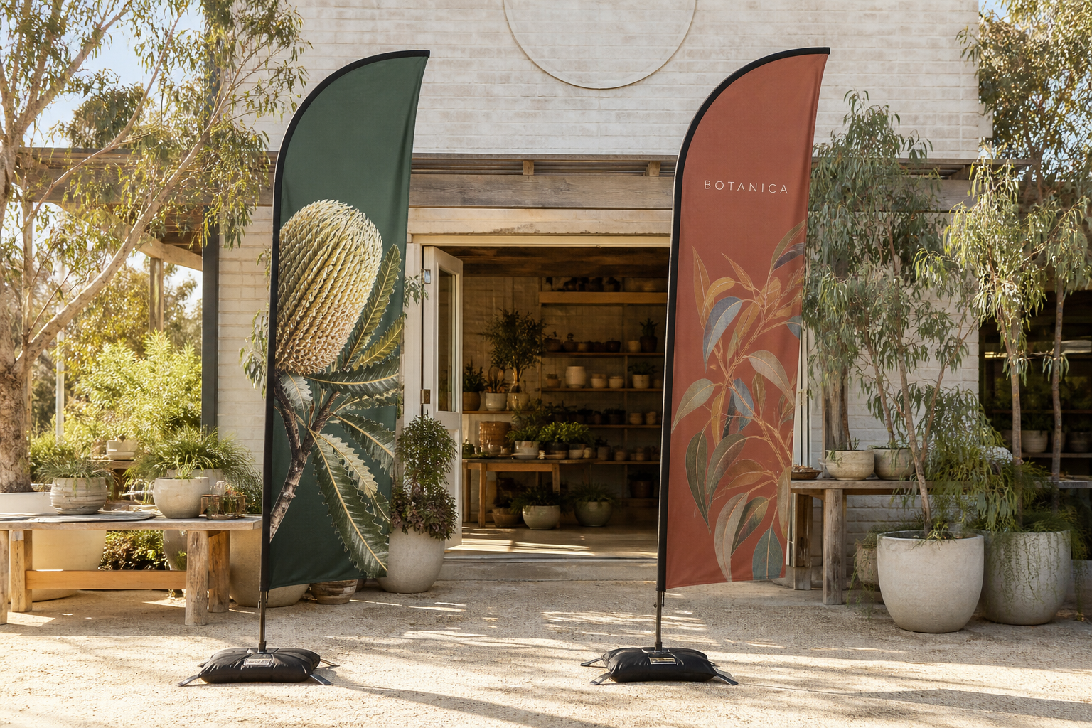 Botanical feather flags outside an Australian plant and homewares shop