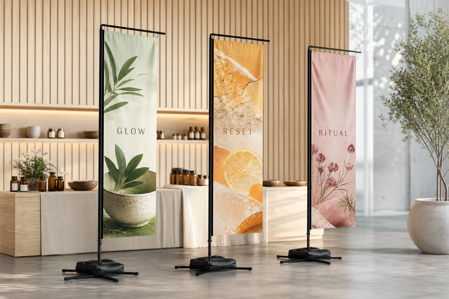 Wellness campaign rectangle flags at an indoor event