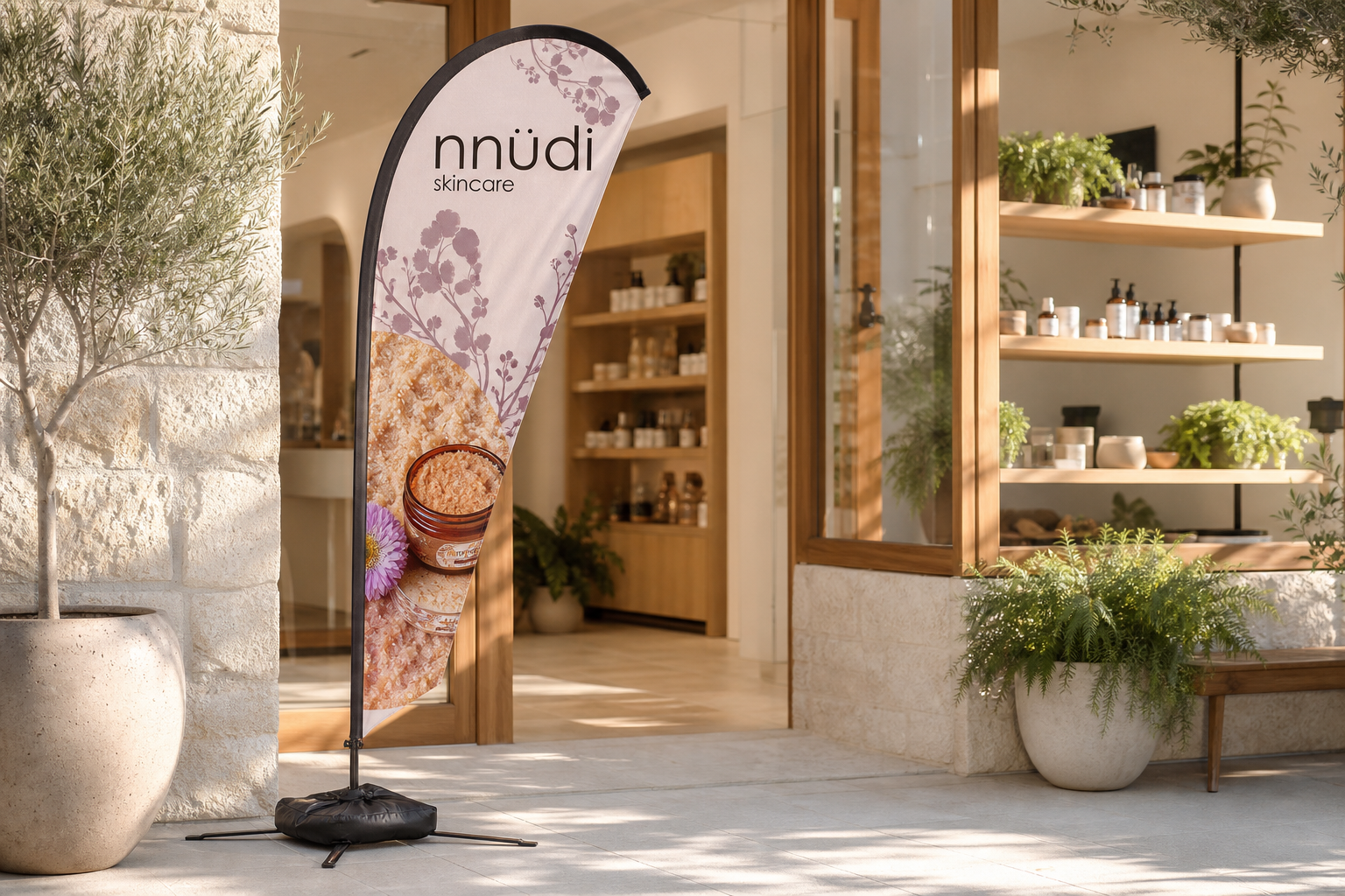 Botanical skincare teardrop flag outside a boutique